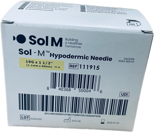 SOlM Hypodermic Needle 19G x 1 1/2" box