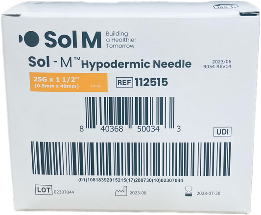 SOlM Hypodermic Needle 25G x 1 1/2" box